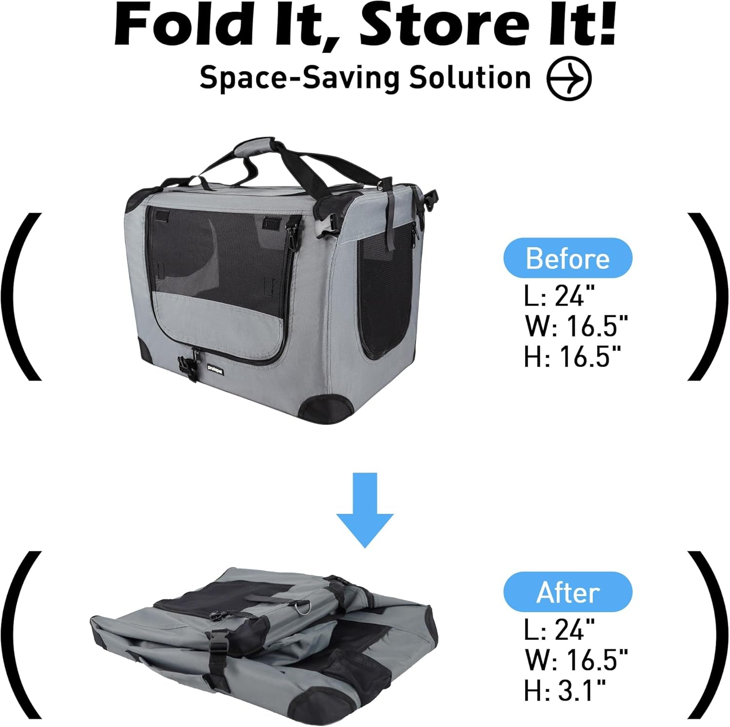 Large Cat Carrier and Portable Dog Crate - 24" x 16.5" x 16.5" Collapsible Traveling Pet Crate with Included Collapsible Bowl for Small to Medium Dogs