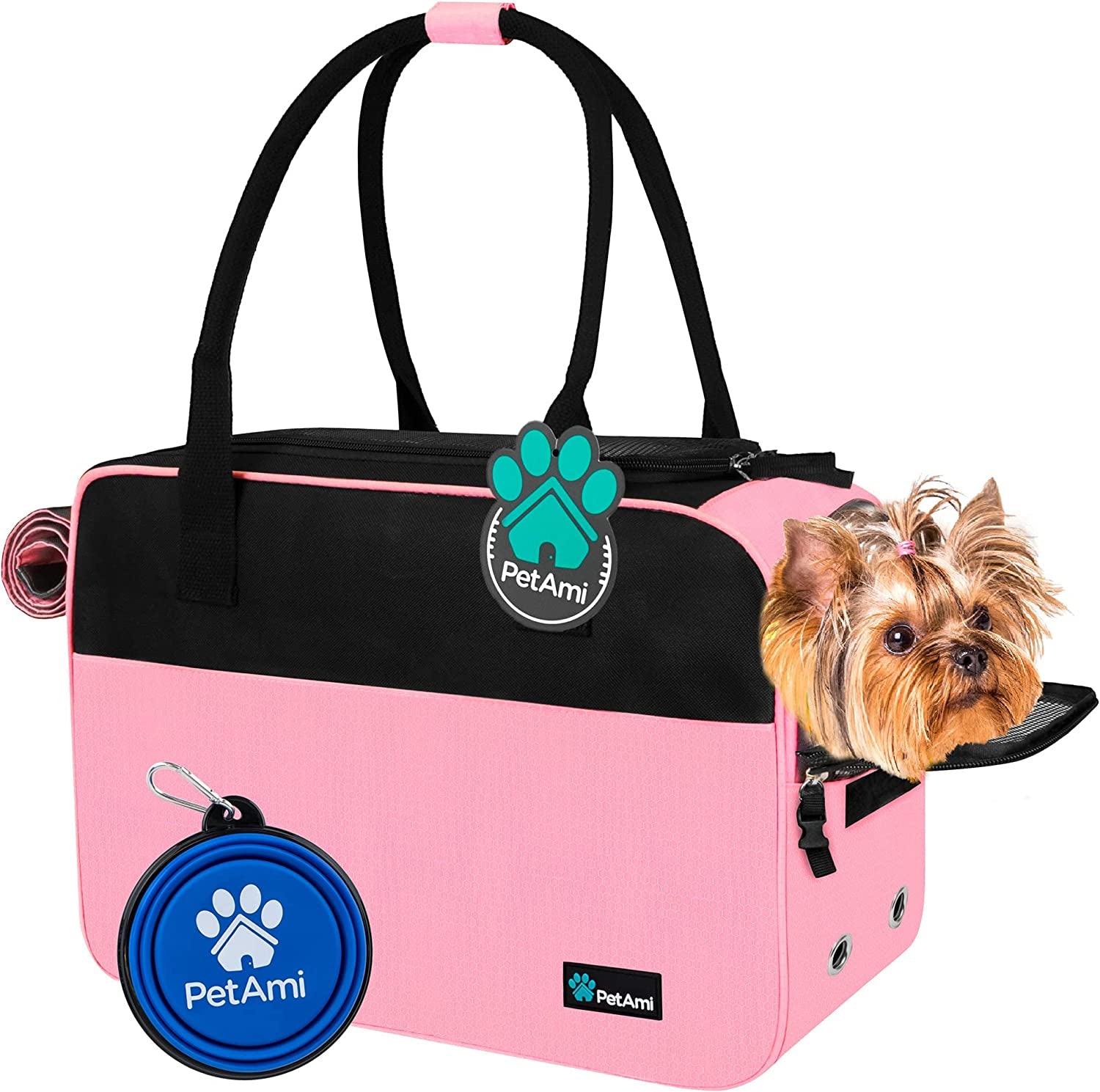 Soft-Sided Pet Carrier for Small Dogs and Cats, TSA Approved Travel Tote with Ventilation, Pockets, and Shoulder Strap, Includes Bed, Max Weight 12 lbs, Turquoise