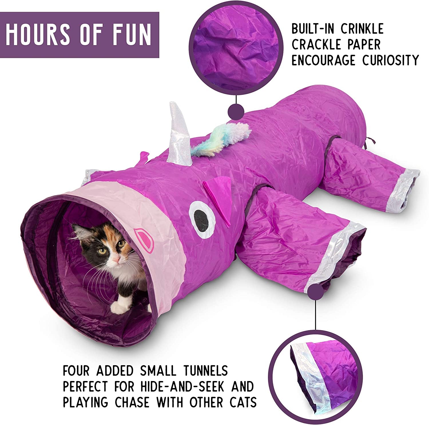 Magic Mewnicorn Multi-Purpose Cat Tunnel with Crinkle Feather String for Dogs, Cats, Rabbits, Kittens, and Guinea Pigs – Ideal for Hiding, Hunting, and Resting