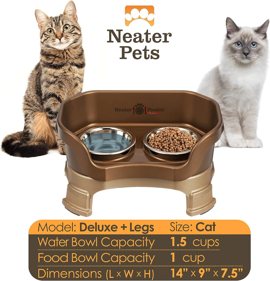 Neater Feeder Deluxe Elevated Cat Bowls with Adjustable Heights (6” & 7.5”), No-Spill Raised Stand, Whisker-Friendly Stainless Steel Dishes, Made in USA, Bronze Finish