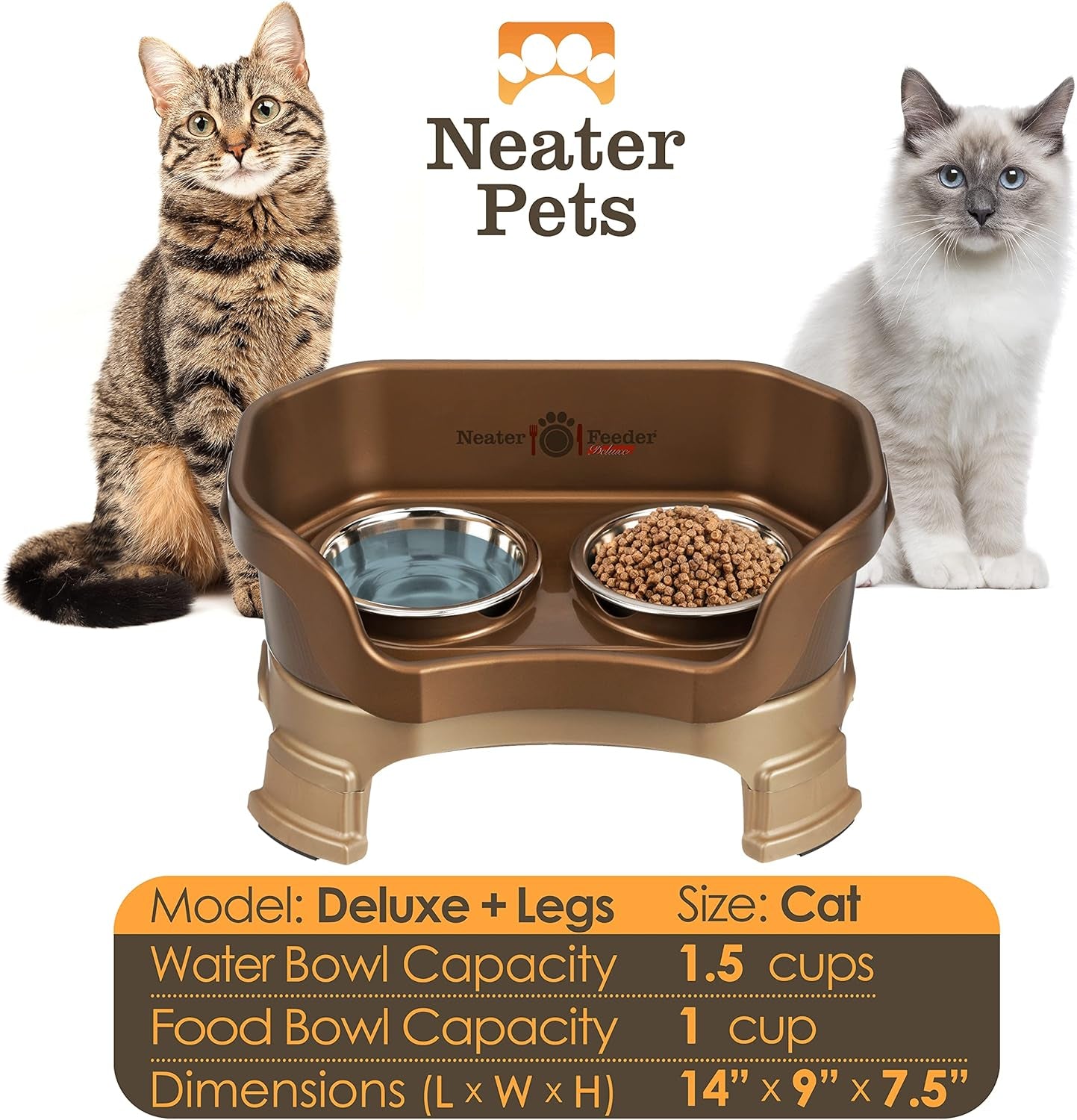 Neater Feeder Deluxe Elevated Cat Bowls with Adjustable Heights (6” & 7.5”), No-Spill Raised Stand, Whisker-Friendly Stainless Steel Dishes, Made in USA, Bronze Finish
