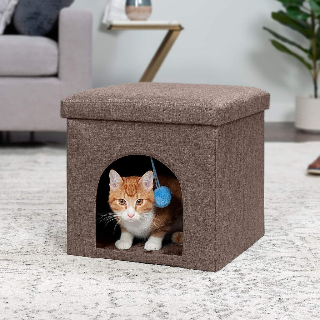 Indoor Pet House for Cats and Small Dogs, Collapsible and Foldable with Plush Ball Toy - Living Room Footstool Cat Condo in Coconut Brown, Small