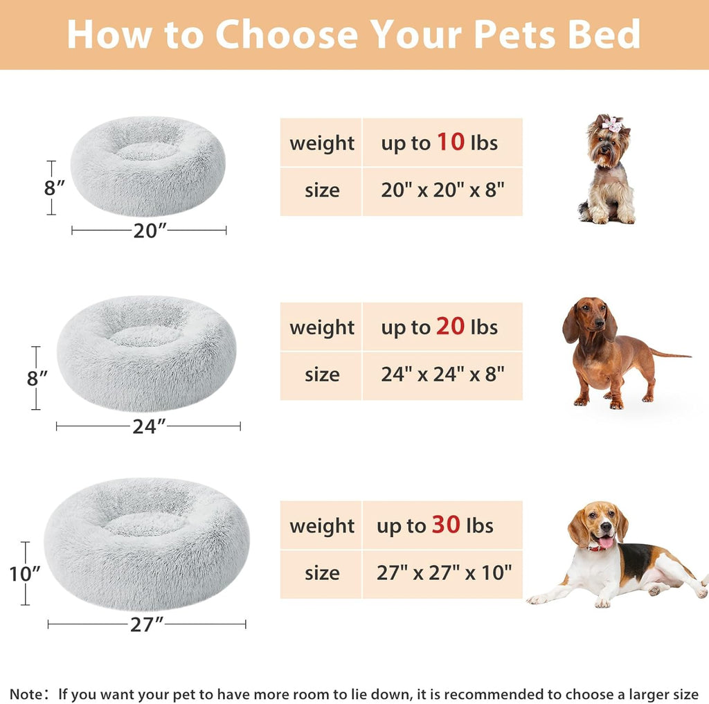 Calming Donut Pet Bed for Dogs and Cats, Self-Warming Faux Fur Cuddler, Plush Round Bed (24 x 24 Inch, Light Grey)