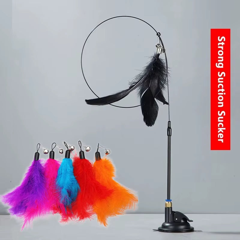 Premium Cat Teaser Pole with Feather Bell and Suction Cup - Durable Bite-Resistant Stick with Replaceable Feather Head