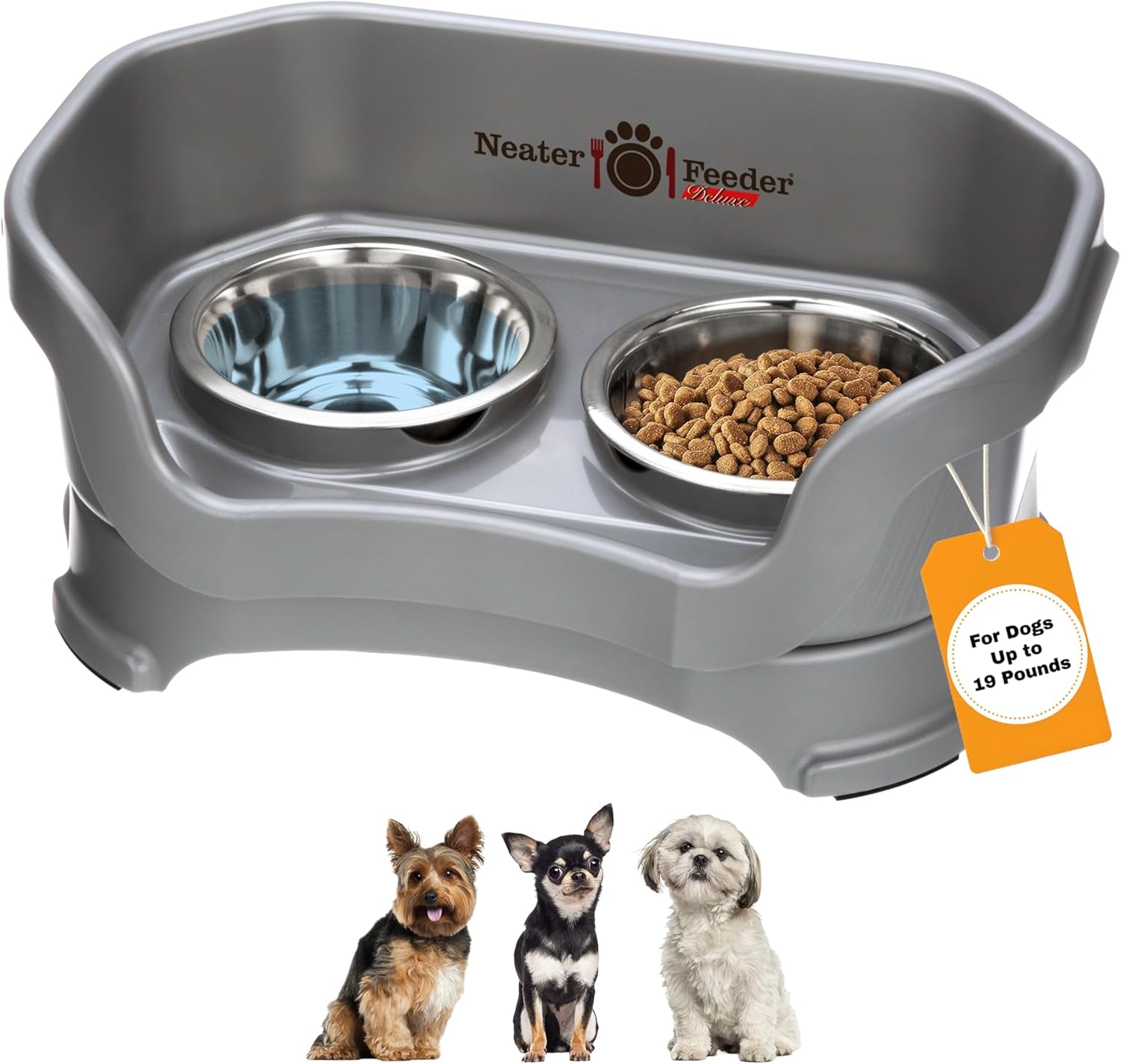 Neater Feeder Deluxe Elevated Dog Bowl Set for Medium Dogs (19-40 lbs) - Made in USA, Spill-Proof Feeding Station, Gunmetal Finish