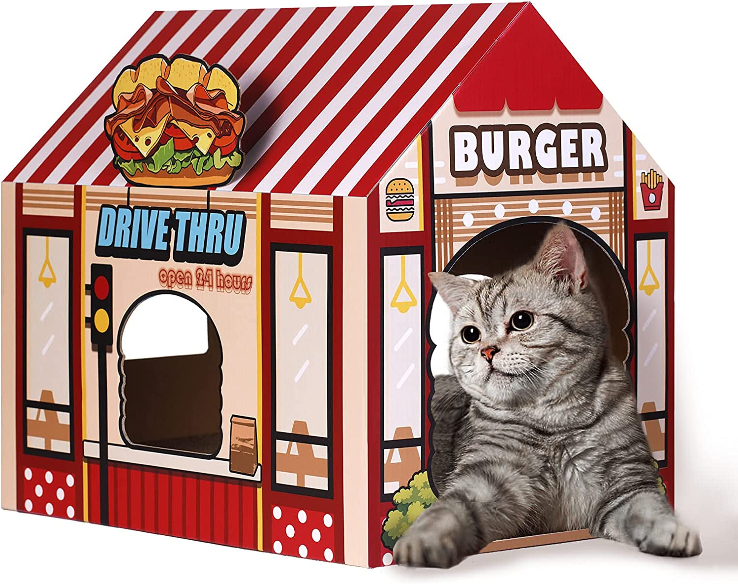 Cardboard Cat House with Scratching Pad and Catnip, 16.5'' x 12'' x 15'', Burger Shop Design for Indoor/Outdoor Cats, Playhouse and Home Decor, Scratch Toy, Ideal Hideout for Rabbits and Small Animals