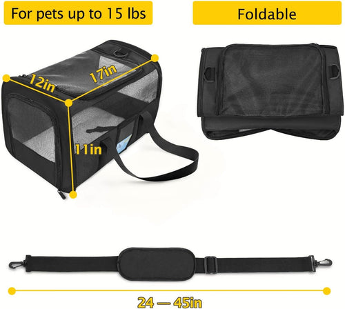 Airline-Approved Pet Carrier for Medium and Small Cats and Dogs, Soft TSA-Compliant Carrier for Pets Up to 15 lbs, Black