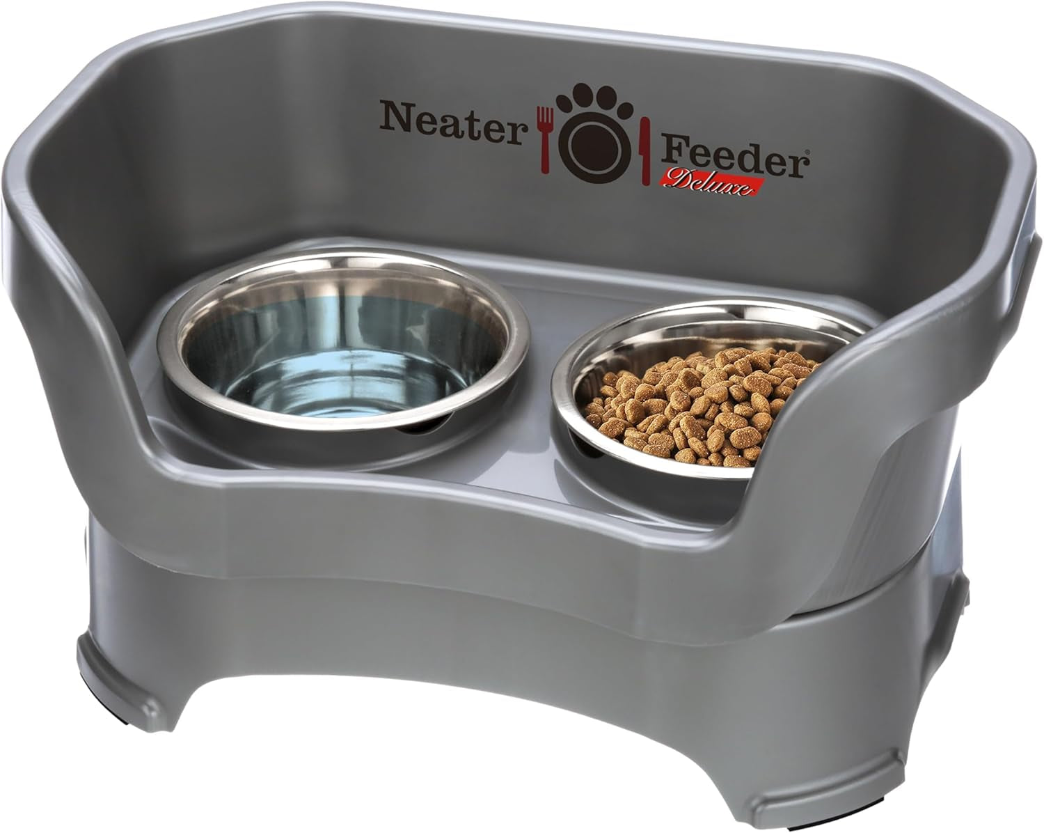 Neater Feeder Deluxe Elevated Dog Bowl Set for Medium Dogs (19-40 lbs) - Made in USA, Spill-Proof Feeding Station, Gunmetal Finish