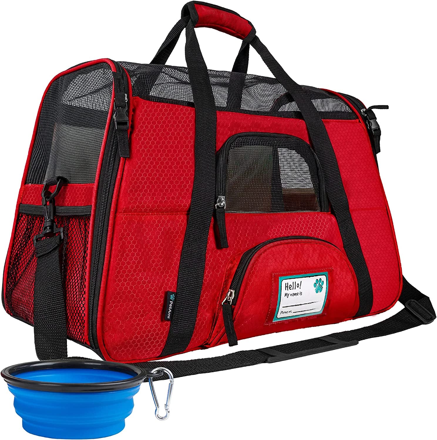 Airline-Approved Soft-Sided Pet Carrier for Cats and Small Dogs, TSA-Compliant Travel Bag with Sherpa Bed, Breathable Mesh Ventilation, Collapsible Bowl, Suitable for Pets Up to 18 lbs, Small Heather White/Red